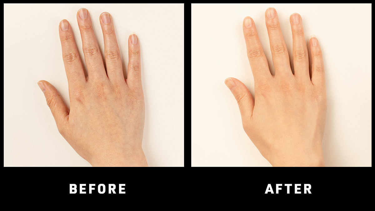 a closeup of a hand before and after a FAQ 221 Anti-Aging LED Hand Mask treatment series